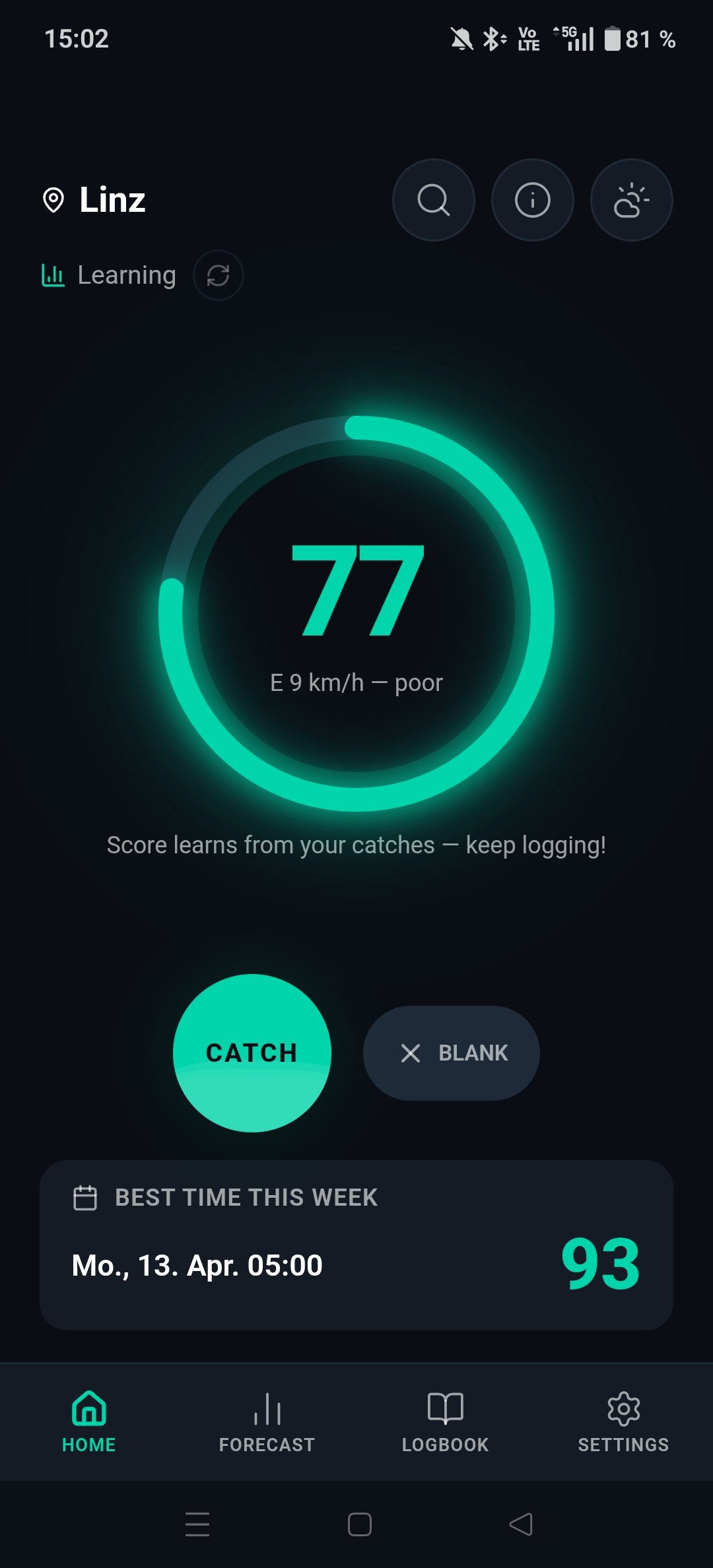 Catchy home screen showing bite score of 77