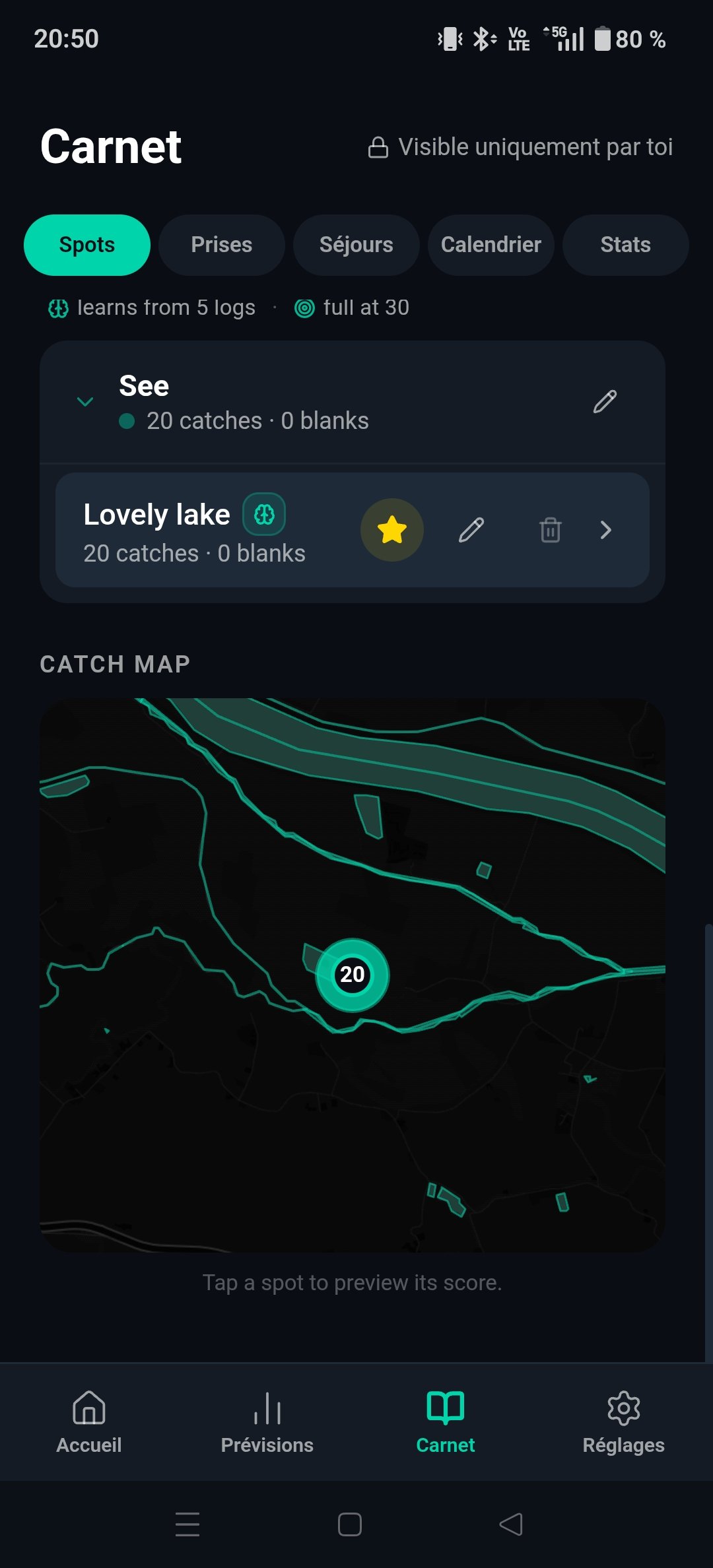 Écran d'accueil Catchy avec score de touches 74 sur Lovely lake