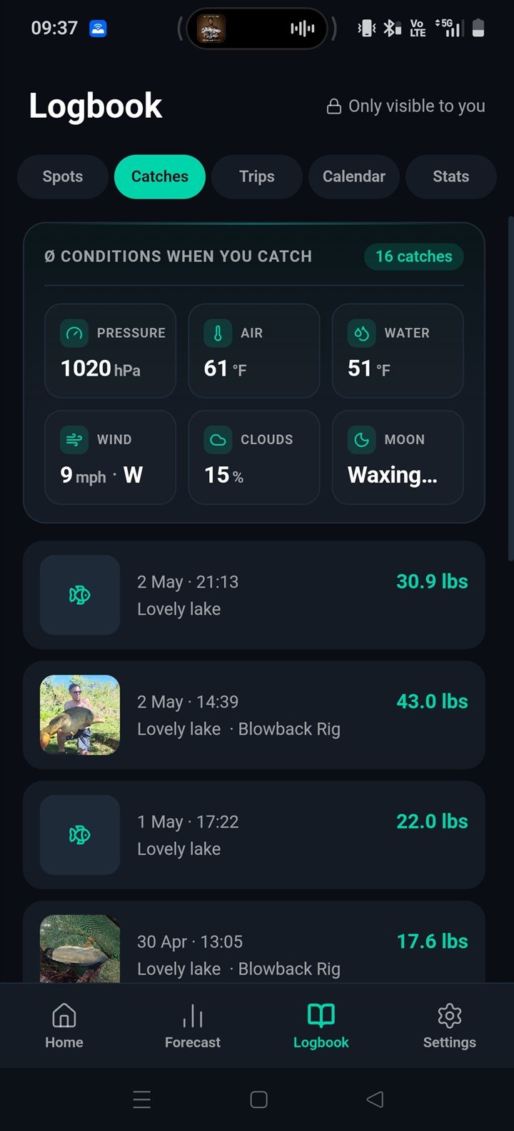 Logbook Catches tab — average conditions and full catch list