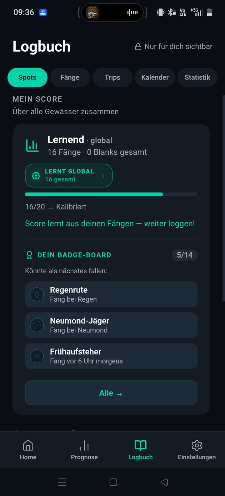 Logbuch Spots-Tab — globale Lernkurve und Badge-Board