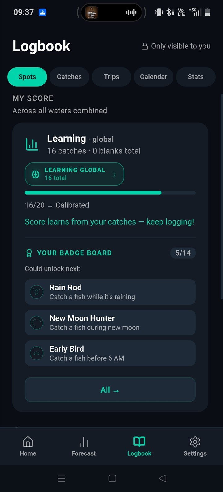 Logbook Spots tab — per-spot learning state pills and badge board