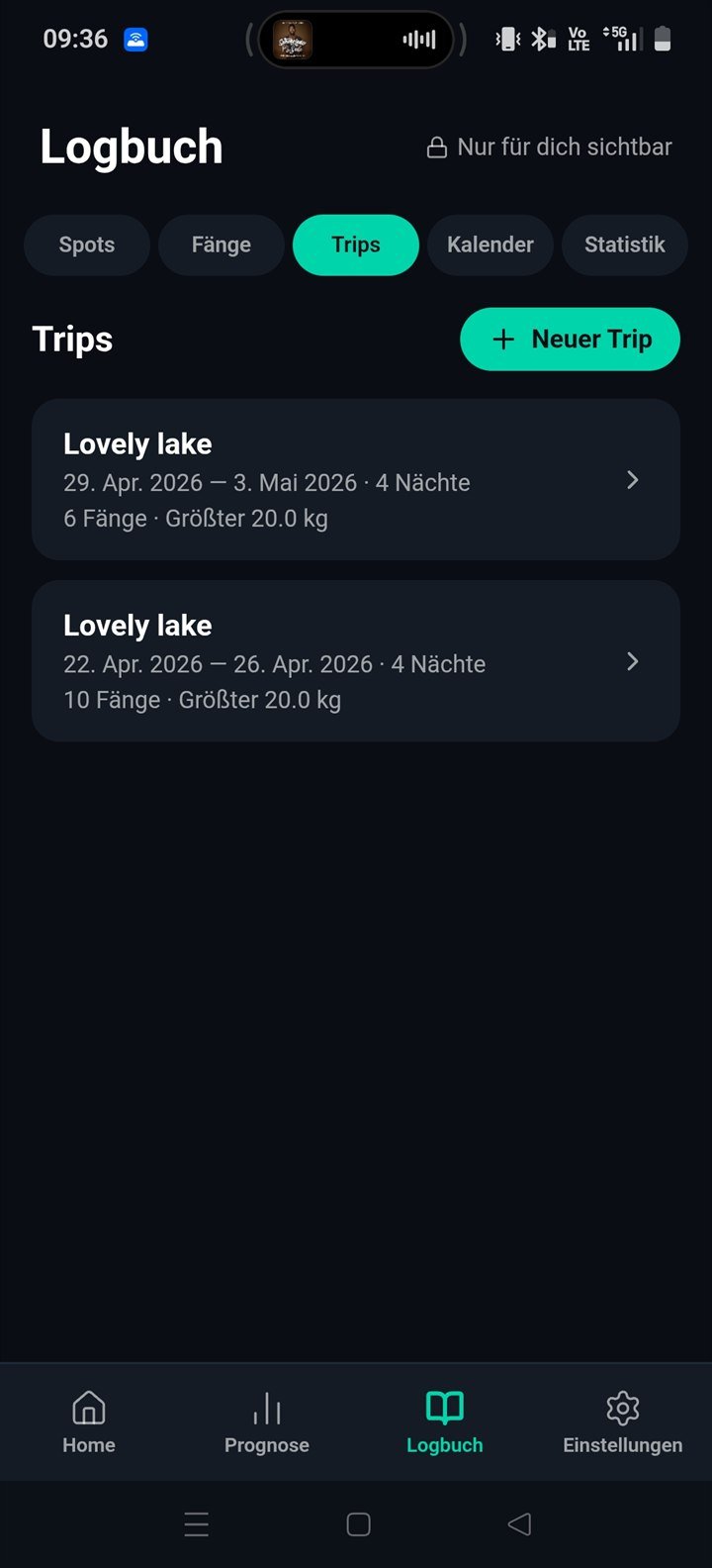 Logbuch Trips-Tab — Sessions mit Datumsbereich, Fängen und größtem Fisch