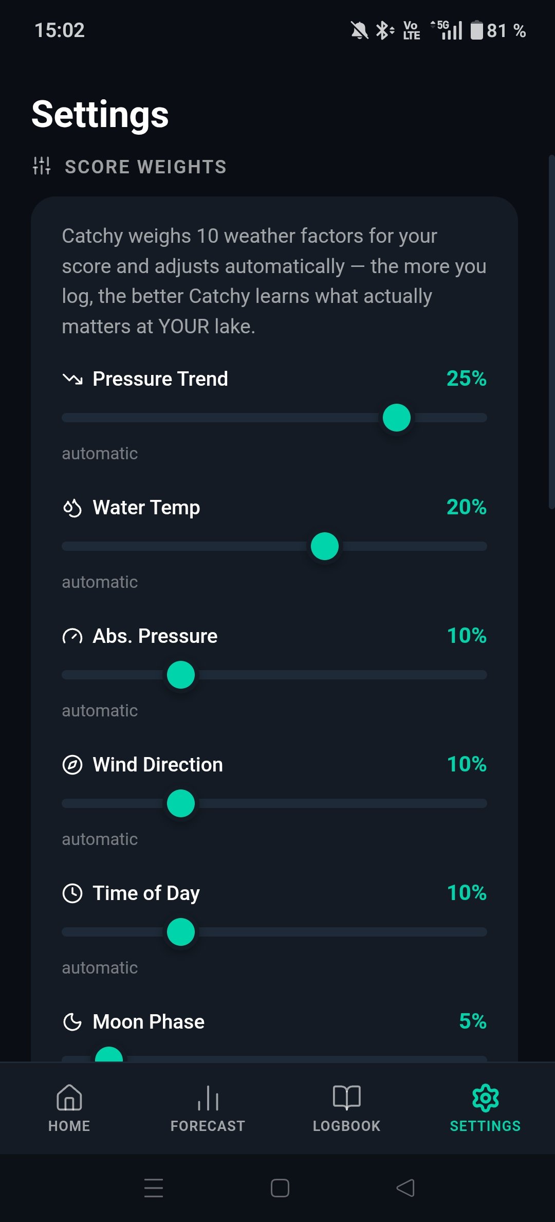 Catchy settings with 10 weather factor weights